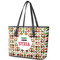 Syria Geometric Pattern Leather Tote Bag with Traditional Arab Tile Motif and Flag Emblem