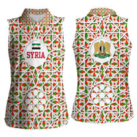 Syria Geometric Pattern Women Sleeveless Polo Shirt with Traditional Arab Tile Motif and Flag Emblem