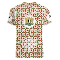 Syria Geometric Pattern Women V-Neck T-Shirt with Traditional Arab Tile Motif and Flag Emblem