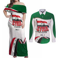 Syria Independence Day Couples Matching Off Shoulder Maxi Dress and Long Sleeve Button Shirt with National Flag and Emblem