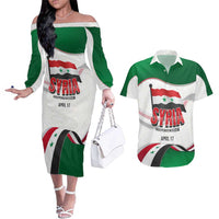 Syria Independence Day Couples Matching Off The Shoulder Long Sleeve Dress and Hawaiian Shirt with National Flag and Emblem