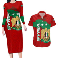 Syria National Emblem Couples Matching Long Sleeve Bodycon Dress and Hawaiian Shirt with Map and Flag Pattern
