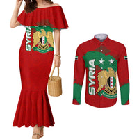 Syria National Emblem Couples Matching Mermaid Dress and Long Sleeve Button Shirt with Map and Flag Pattern