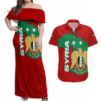 Syria National Emblem Couples Matching Off Shoulder Maxi Dress and Hawaiian Shirt with Map and Flag Pattern