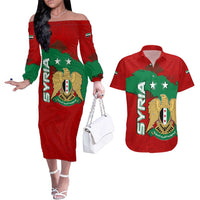 Syria National Emblem Couples Matching Off The Shoulder Long Sleeve Dress and Hawaiian Shirt with Map and Flag Pattern
