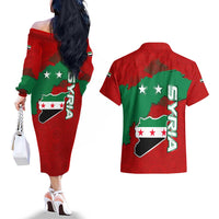 Syria National Emblem Couples Matching Off The Shoulder Long Sleeve Dress and Hawaiian Shirt with Map and Flag Pattern
