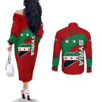 Syria National Emblem Couples Matching Off The Shoulder Long Sleeve Dress and Long Sleeve Button Shirt with Map and Flag Pattern