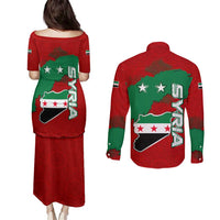 Syria National Emblem Couples Matching Puletasi and Long Sleeve Button Shirt with Map and Flag Pattern