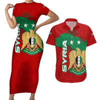 Syria National Emblem Couples Matching Short Sleeve Bodycon Dress and Hawaiian Shirt with Map and Flag Pattern