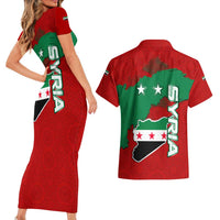 Syria National Emblem Couples Matching Short Sleeve Bodycon Dress and Hawaiian Shirt with Map and Flag Pattern