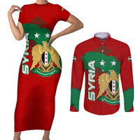 Syria National Emblem Couples Matching Short Sleeve Bodycon Dress and Long Sleeve Button Shirt with Map and Flag Pattern
