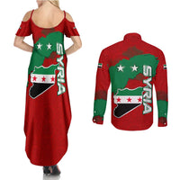 Syria National Emblem Couples Matching Summer Maxi Dress and Long Sleeve Button Shirt with Map and Flag Pattern