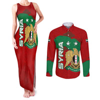 Syria National Emblem Couples Matching Tank Maxi Dress and Long Sleeve Button Shirt with Map and Flag Pattern