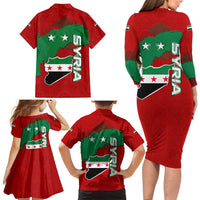 Syria National Emblem Family Matching Long Sleeve Bodycon Dress and Hawaiian Shirt with Map and Flag Pattern