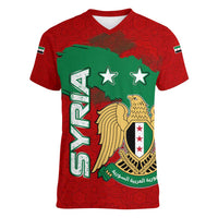 Syria National Emblem Women V-Neck T-Shirt with Map and Flag Pattern