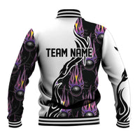 Personalized Bowling Flame Baseball Jacket Black and White Split Pattern and Purple Fireball Graphics - Wonder Print Shop