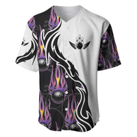 Personalized Bowling Flame Baseball Jersey Black and White Split Pattern and Purple Fireball Graphics - Wonder Print Shop