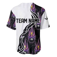 Personalized Bowling Flame Baseball Jersey Black and White Split Pattern and Purple Fireball Graphics - Wonder Print Shop