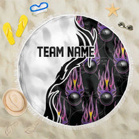 Personalized Bowling Flame Beach Blanket Black and White Split Pattern and Purple Fireball Graphics - Wonder Print Shop