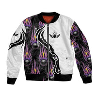 Personalized Bowling Flame Bomber Jacket Black and White Split Pattern and Purple Fireball Graphics - Wonder Print Shop