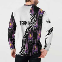 Personalized Bowling Flame Button Sweatshirt Black and White Split Pattern and Purple Fireball Graphics - Wonder Print Shop