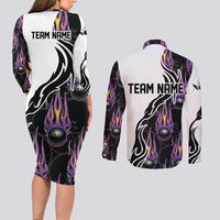 Personalized Bowling Flame Couples Matching Long Sleeve Bodycon Dress and Long Sleeve Button Shirt Black and White Split Pattern and Purple Fireball Graphics - Wonder Print Shop