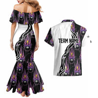 Personalized Bowling Flame Couples Matching Mermaid Dress and Hawaiian Shirt Black and White Split Pattern and Purple Fireball Graphics - Wonder Print Shop