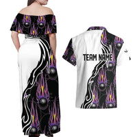 Personalized Bowling Flame Couples Matching Off Shoulder Maxi Dress and Hawaiian Shirt Black and White Split Pattern and Purple Fireball Graphics - Wonder Print Shop