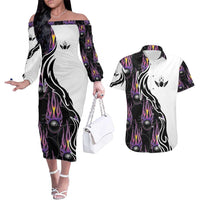 Personalized Bowling Flame Couples Matching Off The Shoulder Long Sleeve Dress and Hawaiian Shirt Black and White Split Pattern and Purple Fireball Graphics - Wonder Print Shop