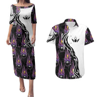 Personalized Bowling Flame Couples Matching Puletasi and Hawaiian Shirt Black and White Split Pattern and Purple Fireball Graphics - Wonder Print Shop