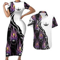 Personalized Bowling Flame Couples Matching Short Sleeve Bodycon Dress and Hawaiian Shirt Black and White Split Pattern and Purple Fireball Graphics - Wonder Print Shop
