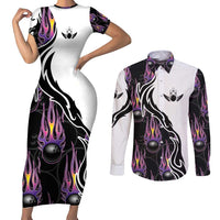 Personalized Bowling Flame Couples Matching Short Sleeve Bodycon Dress and Long Sleeve Button Shirt Black and White Split Pattern and Purple Fireball Graphics - Wonder Print Shop