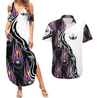 Personalized Bowling Flame Couples Matching Summer Maxi Dress and Hawaiian Shirt Black and White Split Pattern and Purple Fireball Graphics - Wonder Print Shop
