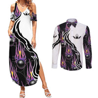 Personalized Bowling Flame Couples Matching Summer Maxi Dress and Long Sleeve Button Shirt Black and White Split Pattern and Purple Fireball Graphics - Wonder Print Shop