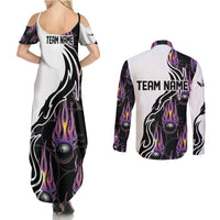 Personalized Bowling Flame Couples Matching Summer Maxi Dress and Long Sleeve Button Shirt Black and White Split Pattern and Purple Fireball Graphics - Wonder Print Shop