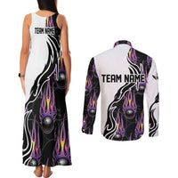 Personalized Bowling Flame Couples Matching Tank Maxi Dress and Long Sleeve Button Shirt Black and White Split Pattern and Purple Fireball Graphics - Wonder Print Shop