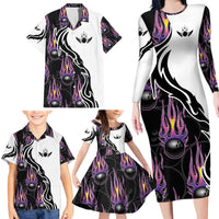 Personalized Bowling Flame Family Matching Long Sleeve Bodycon Dress and Hawaiian Shirt Black and White Split Pattern and Purple Fireball Graphics - Wonder Print Shop