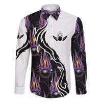Personalized Bowling Flame Family Matching Long Sleeve Bodycon Dress and Hawaiian Shirt Black and White Split Pattern and Purple Fireball Graphics - Wonder Print Shop