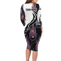 Personalized Bowling Flame Family Matching Long Sleeve Bodycon Dress and Hawaiian Shirt Black and White Split Pattern and Purple Fireball Graphics - Wonder Print Shop