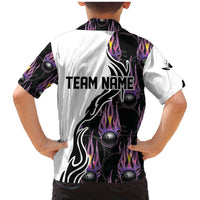 Personalized Bowling Flame Family Matching Mermaid Dress and Hawaiian Shirt Black and White Split Pattern and Purple Fireball Graphics - Wonder Print Shop