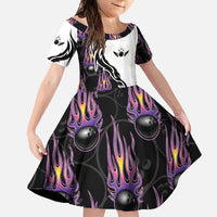 Personalized Bowling Flame Family Matching Mermaid Dress and Hawaiian Shirt Black and White Split Pattern and Purple Fireball Graphics - Wonder Print Shop