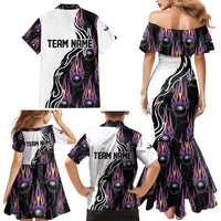 Personalized Bowling Flame Family Matching Mermaid Dress and Hawaiian Shirt Black and White Split Pattern and Purple Fireball Graphics - Wonder Print Shop