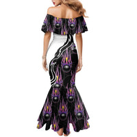 Personalized Bowling Flame Family Matching Mermaid Dress and Hawaiian Shirt Black and White Split Pattern and Purple Fireball Graphics - Wonder Print Shop