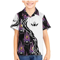 Personalized Bowling Flame Family Matching Mermaid Dress and Hawaiian Shirt Black and White Split Pattern and Purple Fireball Graphics - Wonder Print Shop