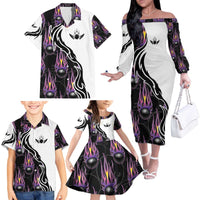 Personalized Bowling Flame Family Matching Off The Shoulder Long Sleeve Dress and Hawaiian Shirt Black and White Split Pattern and Purple Fireball Graphics - Wonder Print Shop