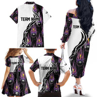 Personalized Bowling Flame Family Matching Off The Shoulder Long Sleeve Dress and Hawaiian Shirt Black and White Split Pattern and Purple Fireball Graphics - Wonder Print Shop