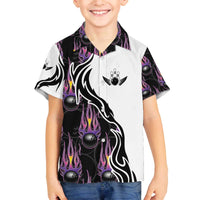Personalized Bowling Flame Family Matching Off The Shoulder Long Sleeve Dress and Hawaiian Shirt Black and White Split Pattern and Purple Fireball Graphics - Wonder Print Shop