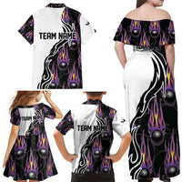 Personalized Bowling Flame Family Matching Off Shoulder Maxi Dress and Hawaiian Shirt Black and White Split Pattern and Purple Fireball Graphics - Wonder Print Shop