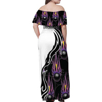 Personalized Bowling Flame Family Matching Off Shoulder Maxi Dress and Hawaiian Shirt Black and White Split Pattern and Purple Fireball Graphics - Wonder Print Shop