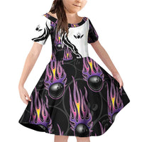 Personalized Bowling Flame Family Matching Off Shoulder Short Dress and Hawaiian Shirt Black and White Split Pattern and Purple Fireball Graphics - Wonder Print Shop